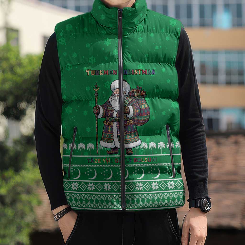 Turkmenistan Christmas Sleeveless Puffer Jacket with Traditional Santa Snowflake Crescent Moon and National Emblem - Wonder Print Shop