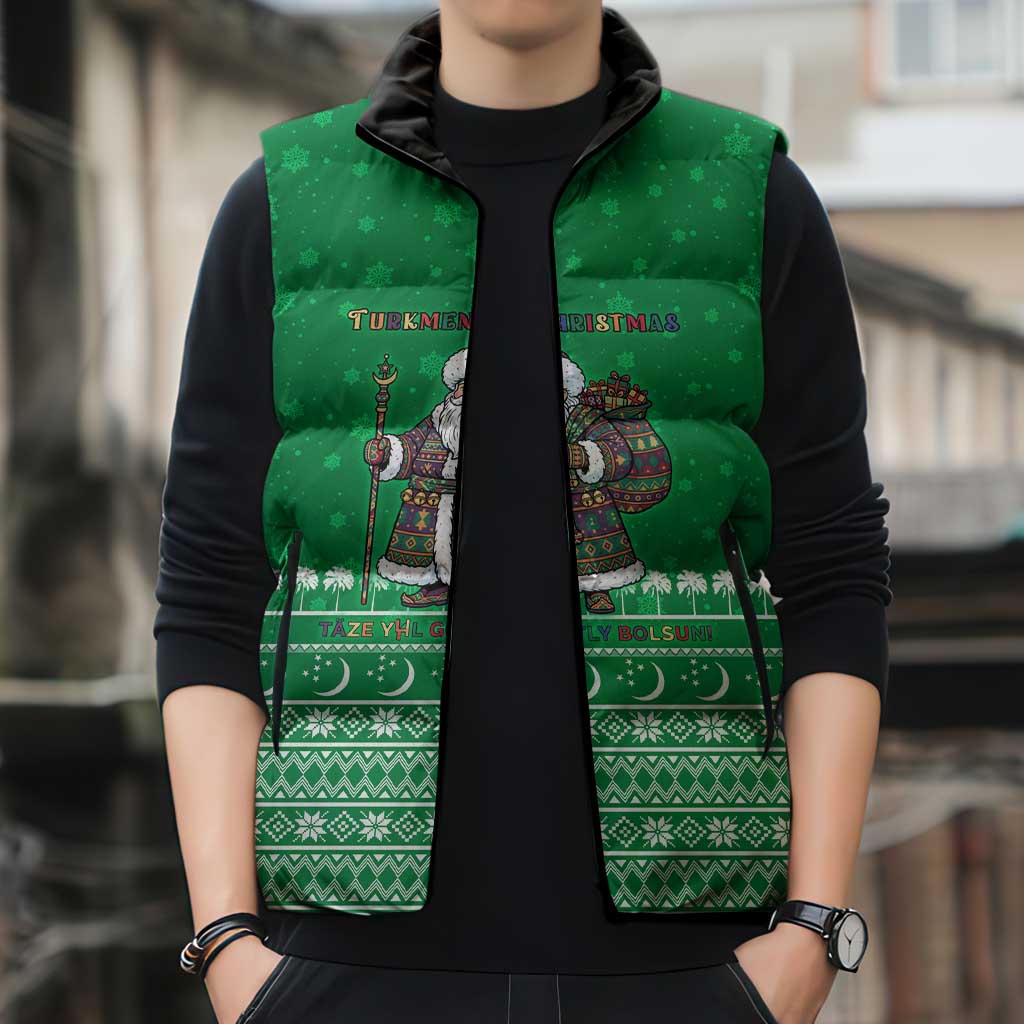 Turkmenistan Christmas Sleeveless Puffer Jacket with Traditional Santa Snowflake Crescent Moon and National Emblem - Wonder Print Shop