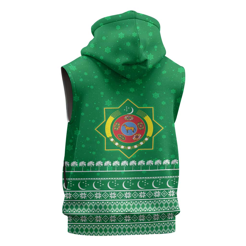 Turkmenistan Christmas Sleeveless Zip Hoodie with Traditional Santa Snowflake Crescent Moon and National Emblem - Wonder Print Shop