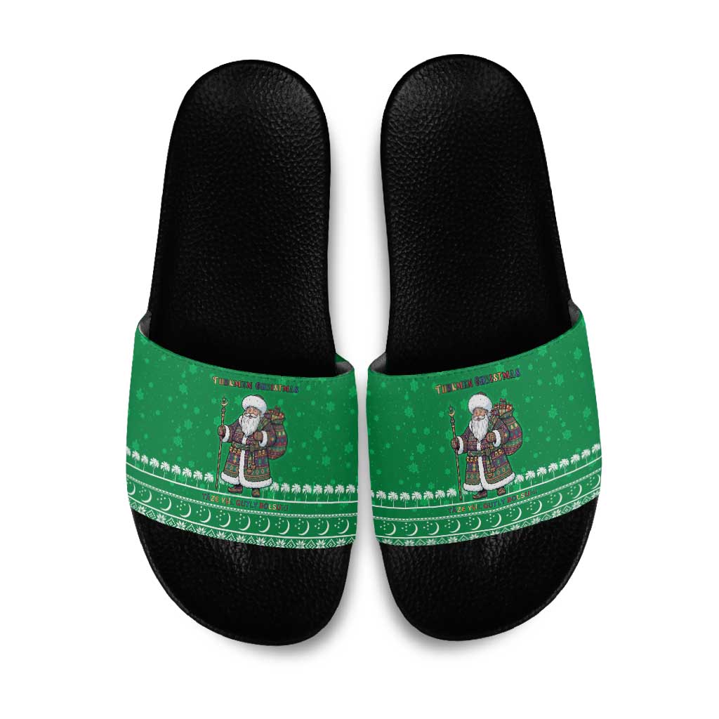 Turkmenistan Christmas Slide Sandals with Traditional Santa Snowflake Crescent Moon and National Emblem - Wonder Print Shop