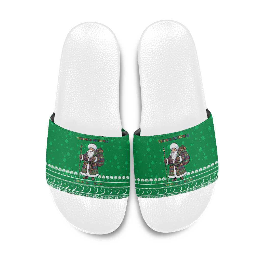 Turkmenistan Christmas Slide Sandals with Traditional Santa Snowflake Crescent Moon and National Emblem - Wonder Print Shop
