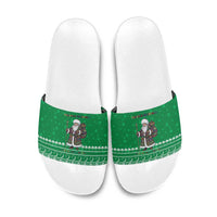 Turkmenistan Christmas Slide Sandals with Traditional Santa Snowflake Crescent Moon and National Emblem - Wonder Print Shop