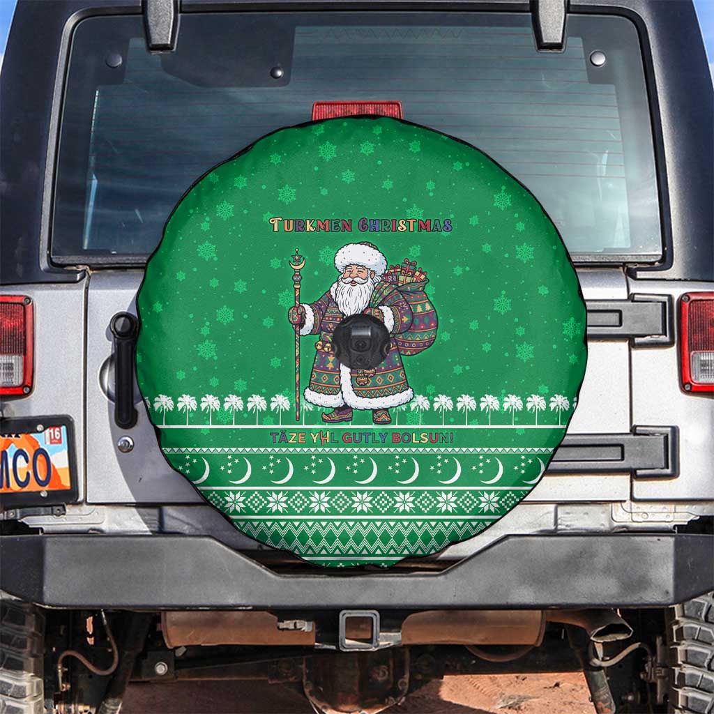 Turkmenistan Christmas Spare Tire Cover with Traditional Santa Snowflake Crescent Moon and National Emblem - Wonder Print Shop