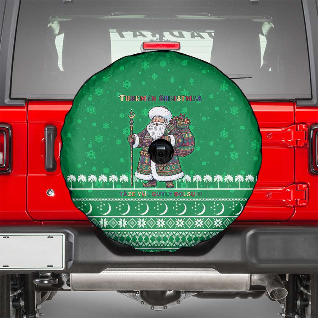 Turkmenistan Christmas Spare Tire Cover with Traditional Santa Snowflake Crescent Moon and National Emblem - Wonder Print Shop