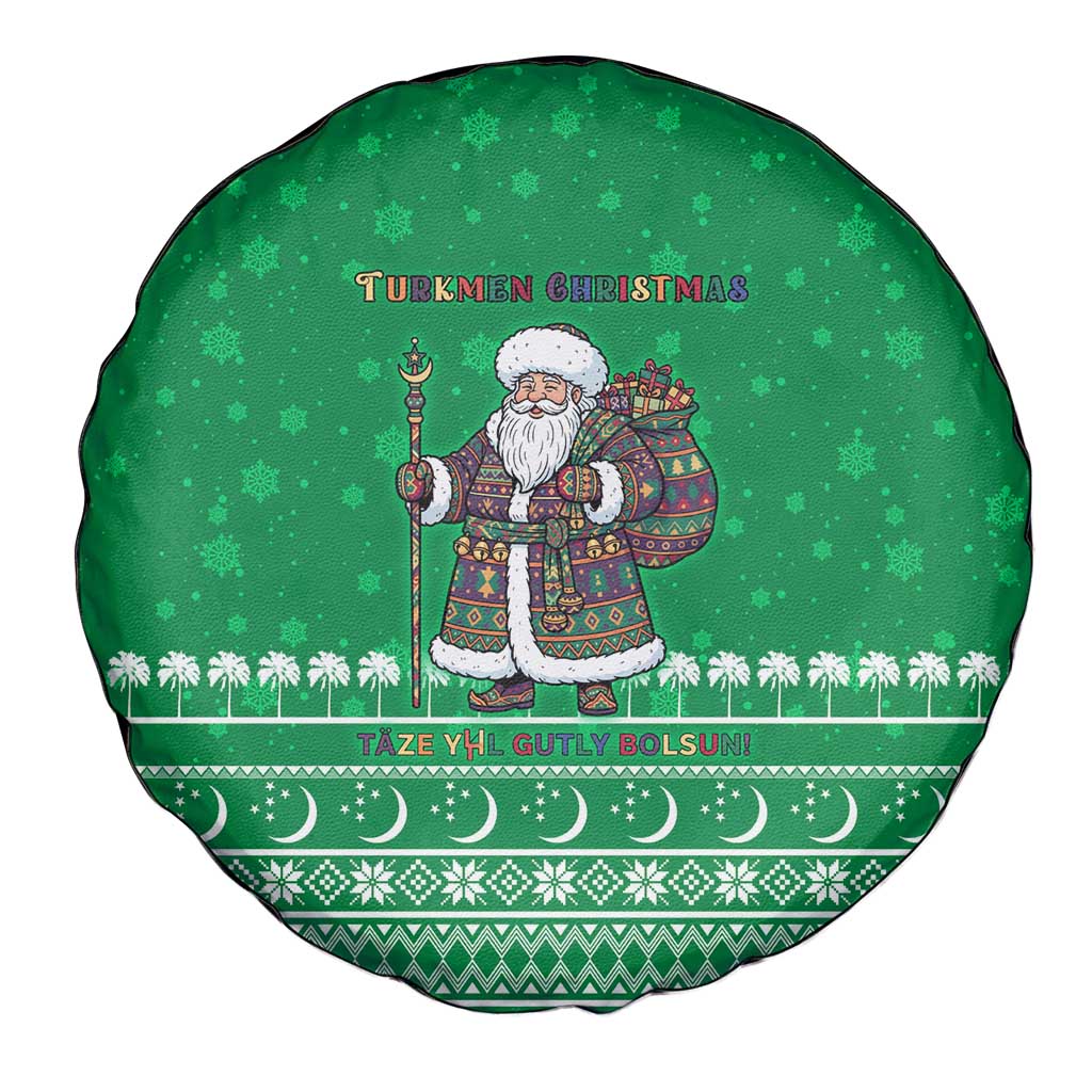 Turkmenistan Christmas Spare Tire Cover with Traditional Santa Snowflake Crescent Moon and National Emblem - Wonder Print Shop