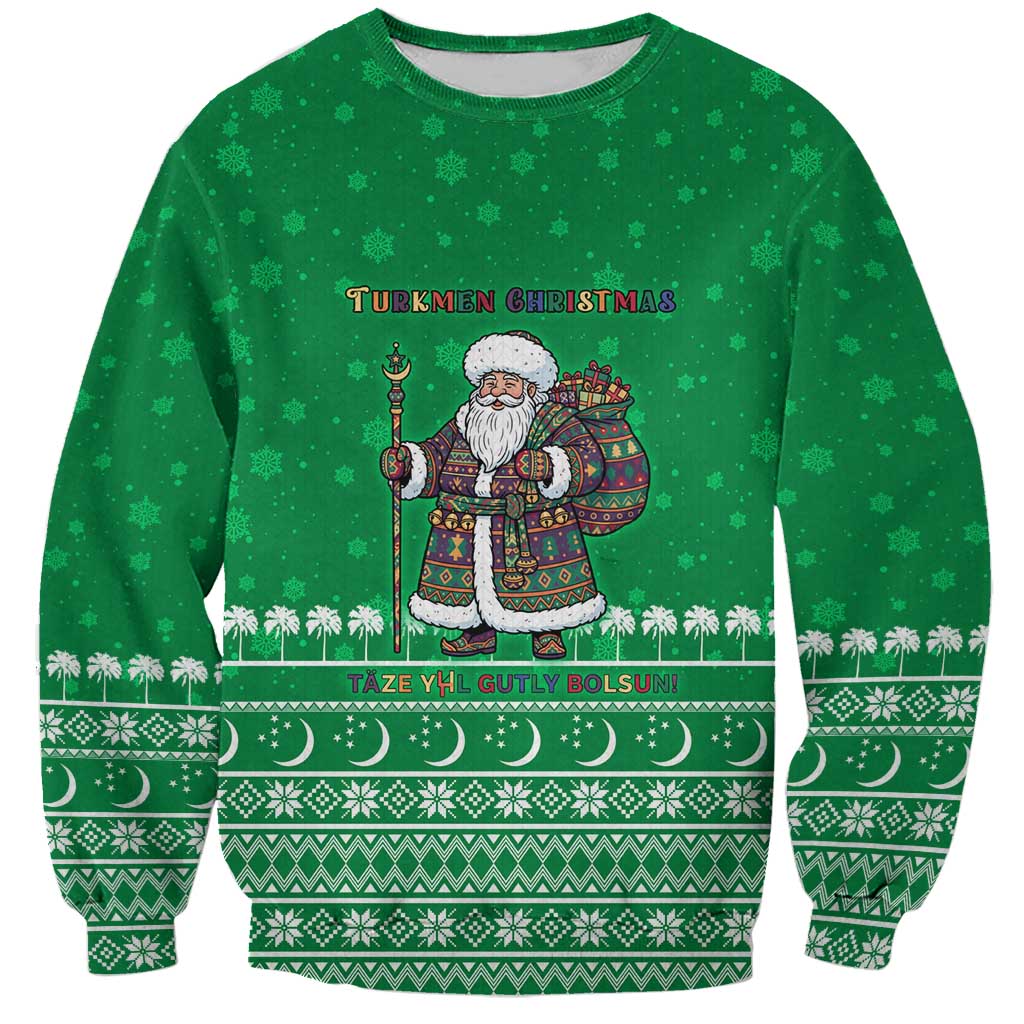 Turkmenistan Christmas Sweatshirt with Traditional Santa Snowflake Crescent Moon and National Emblem - Wonder Print Shop