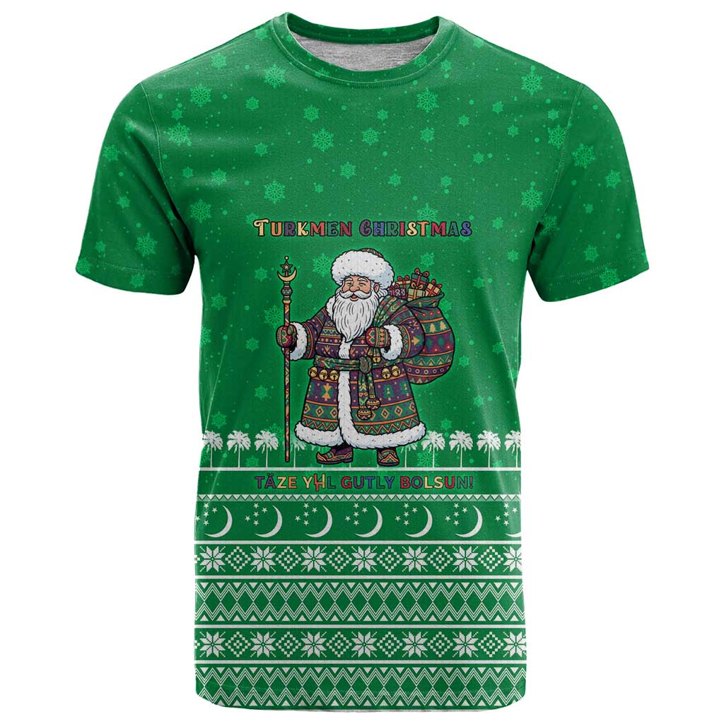 Turkmenistan Christmas T Shirt with Traditional Santa Snowflake Crescent Moon and National Emblem - Wonder Print Shop