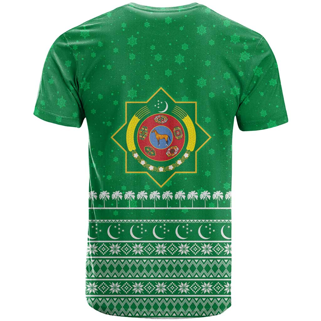 Turkmenistan Christmas T Shirt with Traditional Santa Snowflake Crescent Moon and National Emblem - Wonder Print Shop