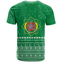 Turkmenistan Christmas T Shirt with Traditional Santa Snowflake Crescent Moon and National Emblem - Wonder Print Shop