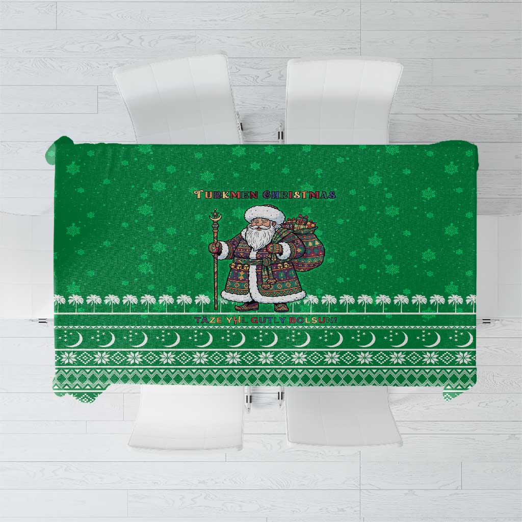 Turkmenistan Christmas Tablecloth with Traditional Santa Snowflake Crescent Moon and National Emblem - Wonder Print Shop