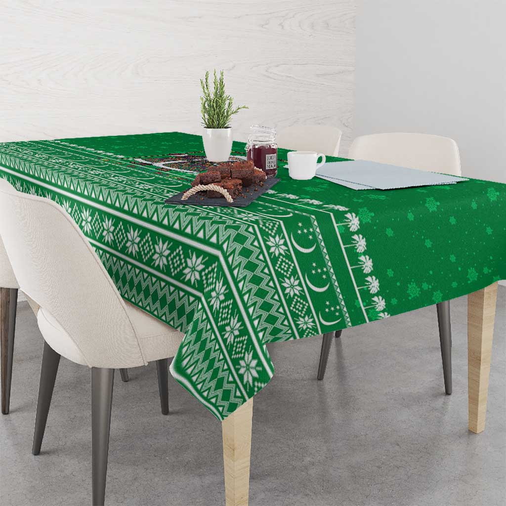 Turkmenistan Christmas Tablecloth with Traditional Santa Snowflake Crescent Moon and National Emblem - Wonder Print Shop