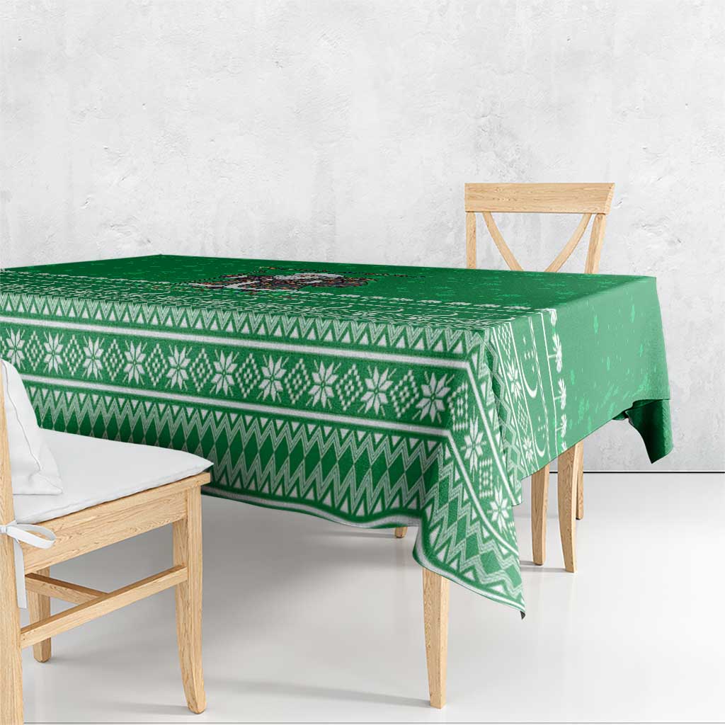 Turkmenistan Christmas Tablecloth with Traditional Santa Snowflake Crescent Moon and National Emblem - Wonder Print Shop