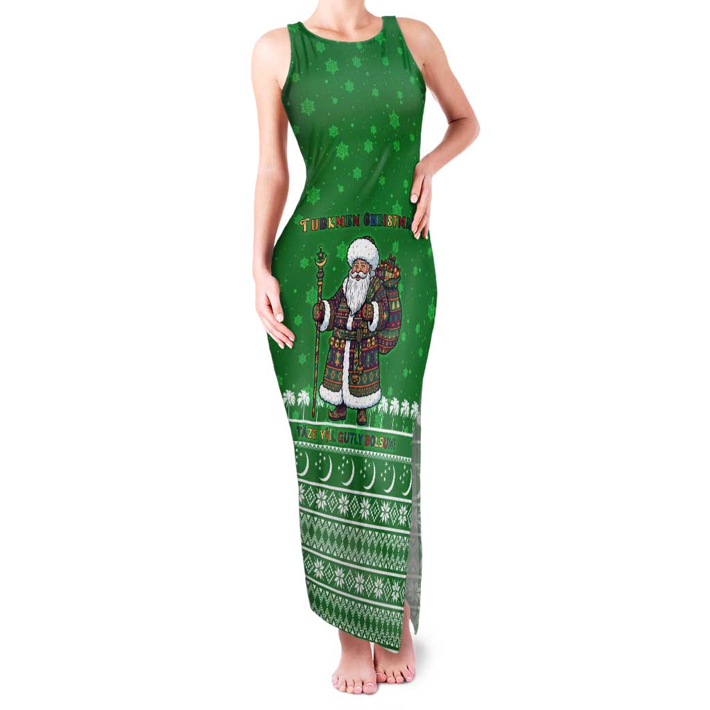 Turkmenistan Christmas Tank Maxi Dress with Traditional Santa Snowflake Crescent Moon and National Emblem - Wonder Print Shop