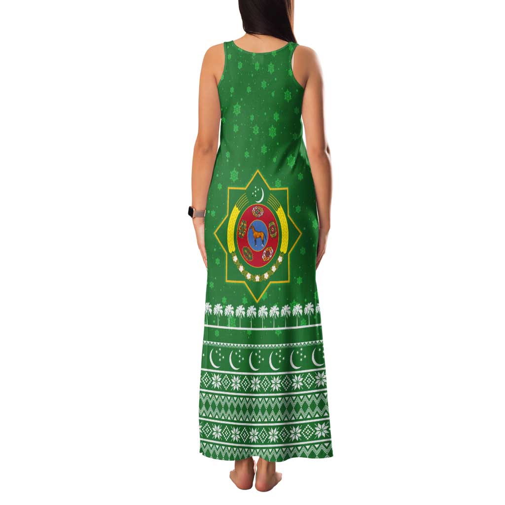 Turkmenistan Christmas Tank Maxi Dress with Traditional Santa Snowflake Crescent Moon and National Emblem - Wonder Print Shop