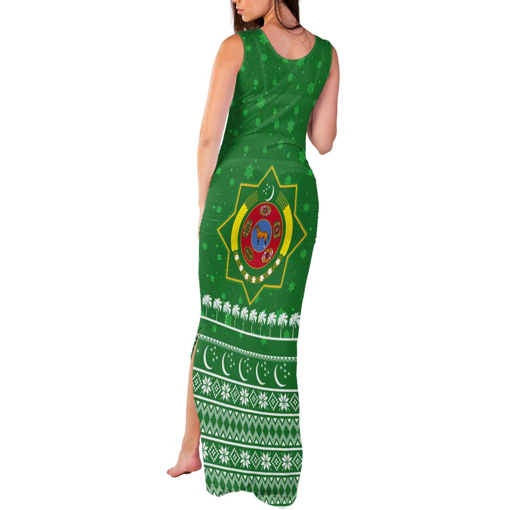 Turkmenistan Christmas Tank Maxi Dress with Traditional Santa Snowflake Crescent Moon and National Emblem - Wonder Print Shop