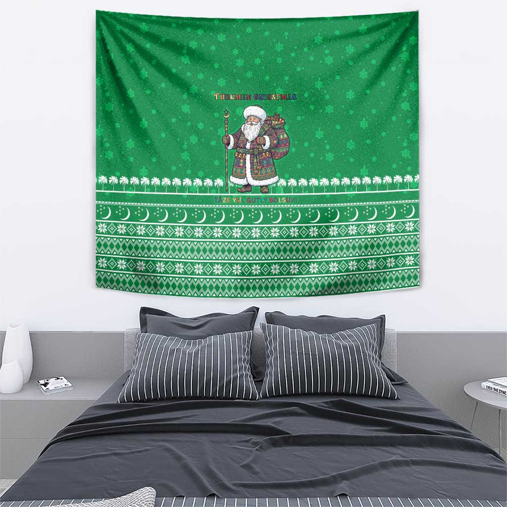 Turkmenistan Christmas Tapestry with Traditional Santa Snowflake Crescent Moon and National Emblem - Wonder Print Shop