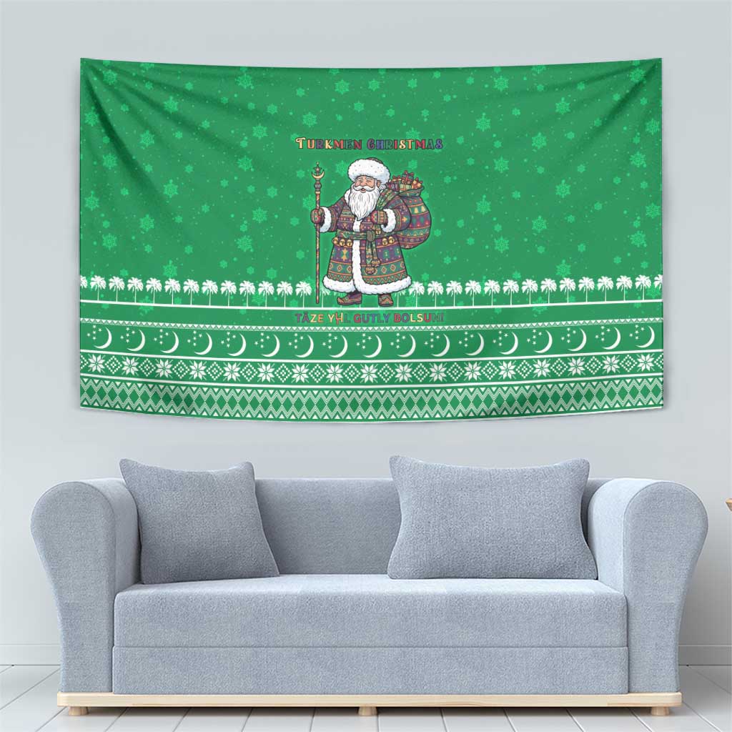 Turkmenistan Christmas Tapestry with Traditional Santa Snowflake Crescent Moon and National Emblem - Wonder Print Shop