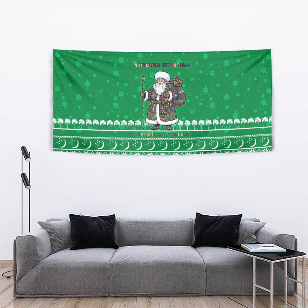 Turkmenistan Christmas Tapestry with Traditional Santa Snowflake Crescent Moon and National Emblem - Wonder Print Shop