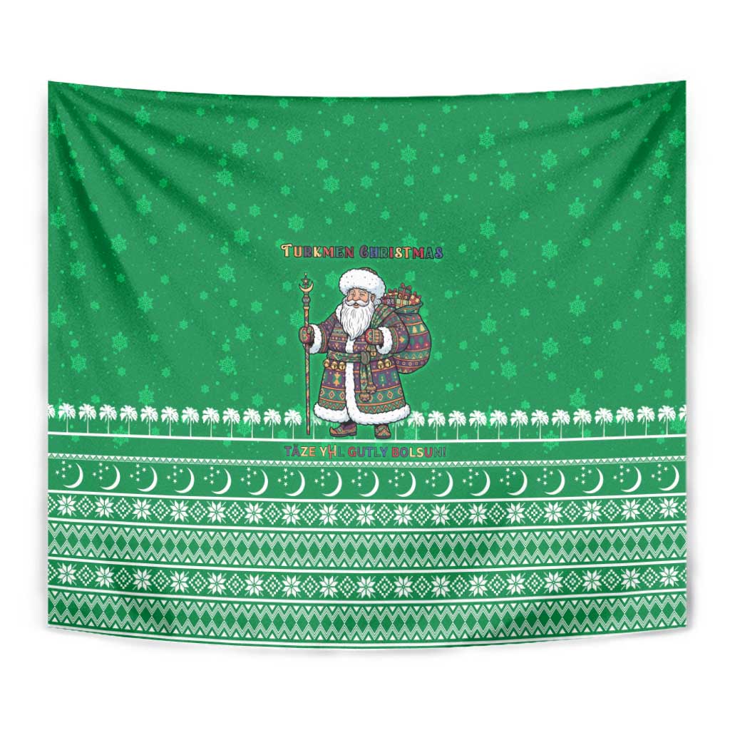 Turkmenistan Christmas Tapestry with Traditional Santa Snowflake Crescent Moon and National Emblem - Wonder Print Shop