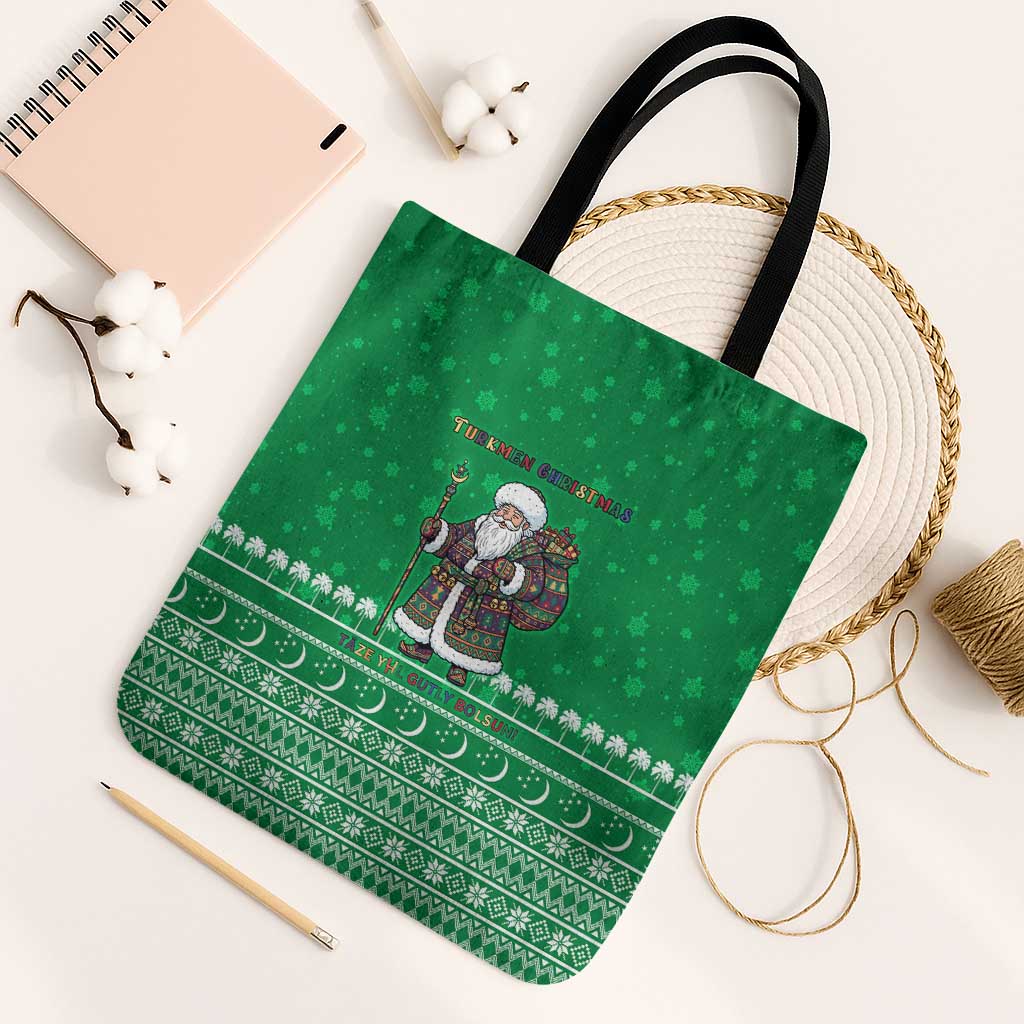 Turkmenistan Christmas Tote Bag with Traditional Santa Snowflake Crescent Moon and National Emblem - Wonder Print Shop