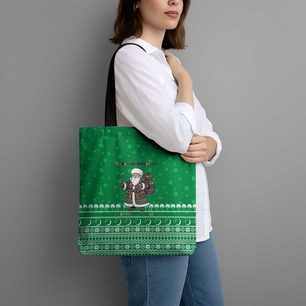 Turkmenistan Christmas Tote Bag with Traditional Santa Snowflake Crescent Moon and National Emblem - Wonder Print Shop