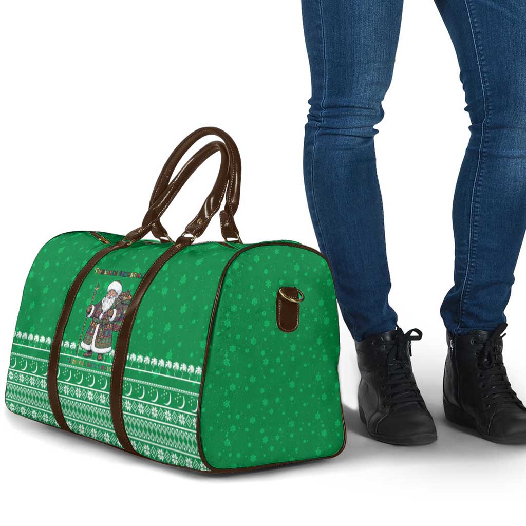 Turkmenistan Christmas Travel Bag with Traditional Santa Snowflake Crescent Moon and National Emblem - Wonder Print Shop