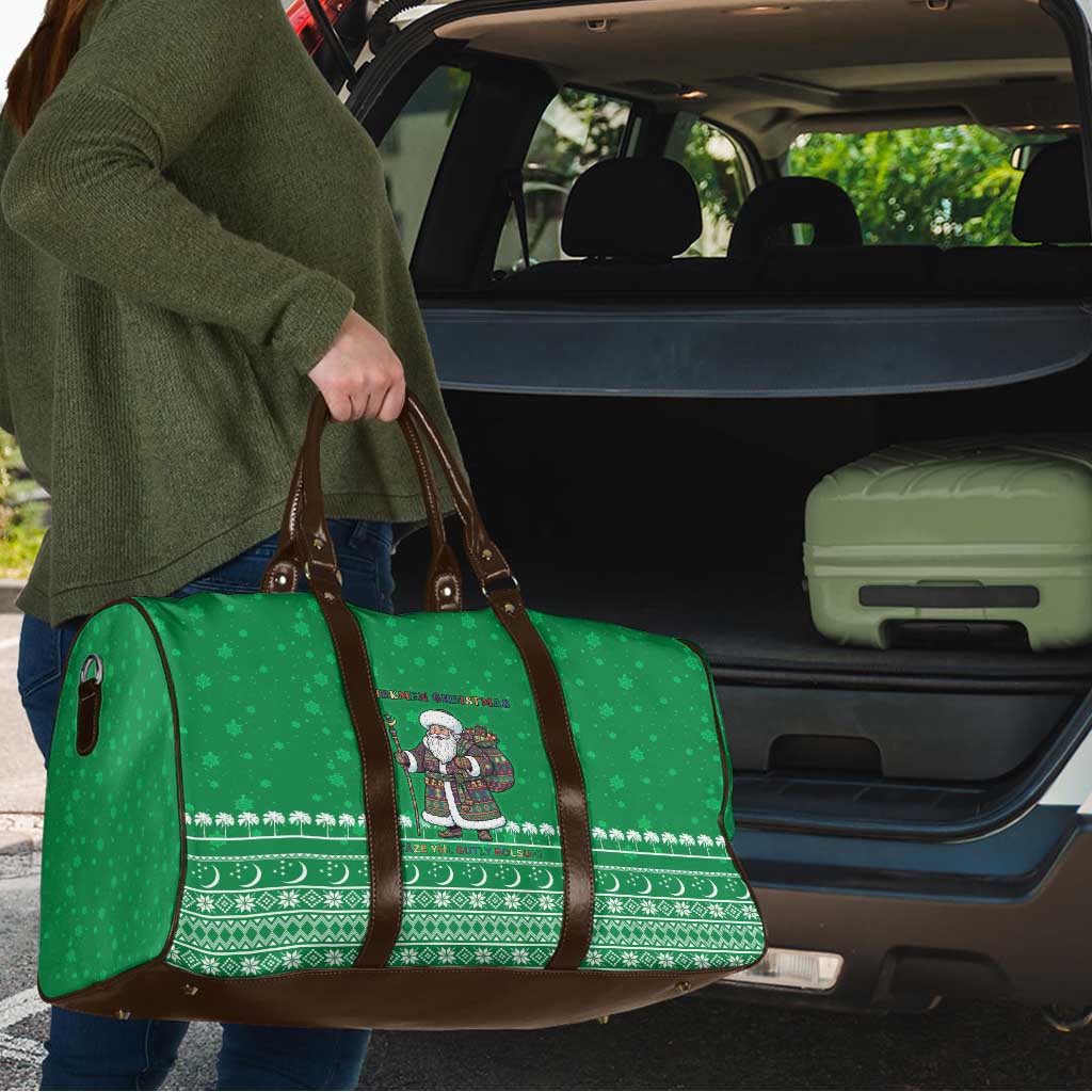 Turkmenistan Christmas Travel Bag with Traditional Santa Snowflake Crescent Moon and National Emblem - Wonder Print Shop