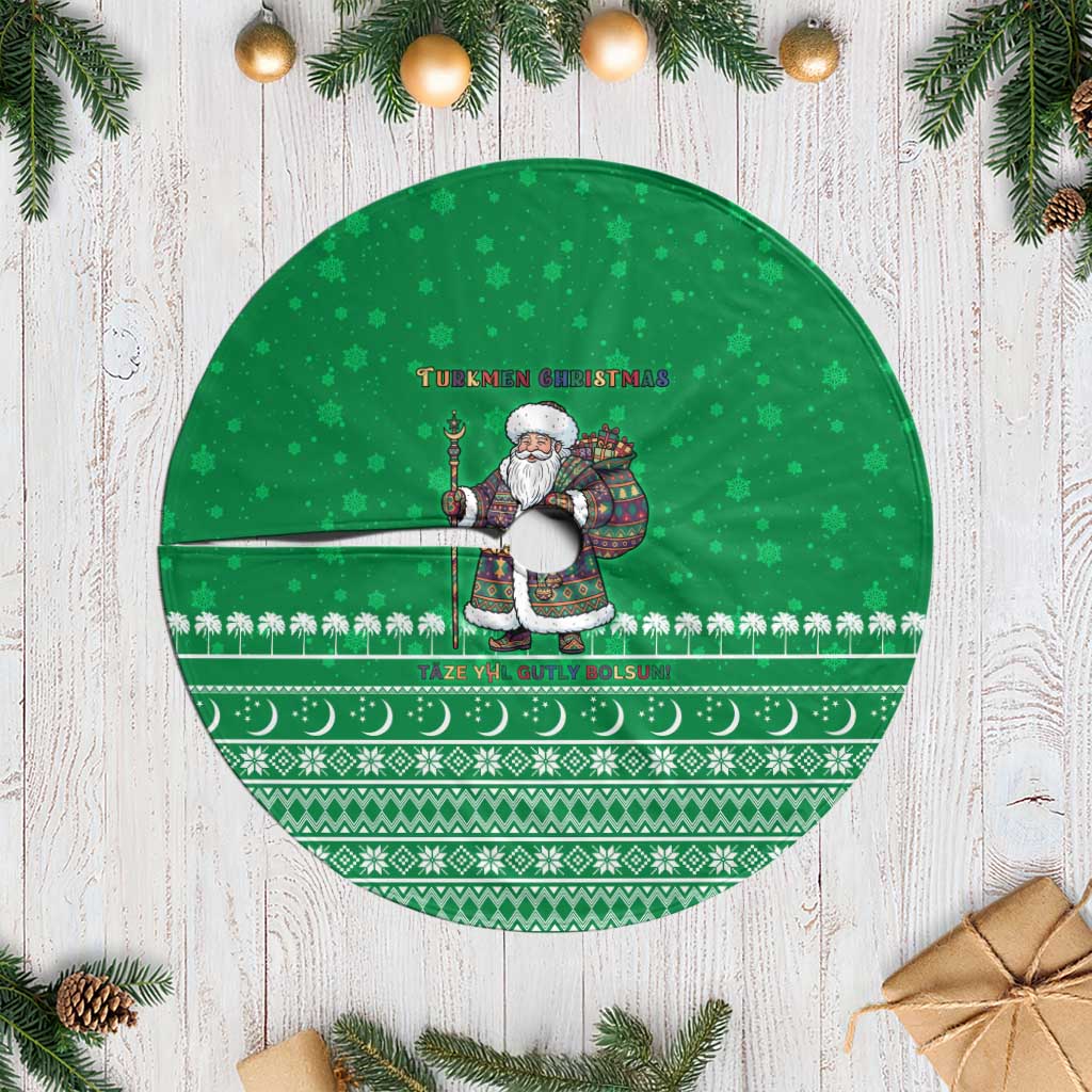 Turkmenistan Christmas Tree Skirt with Traditional Santa Snowflake Crescent Moon and National Emblem - Wonder Print Shop