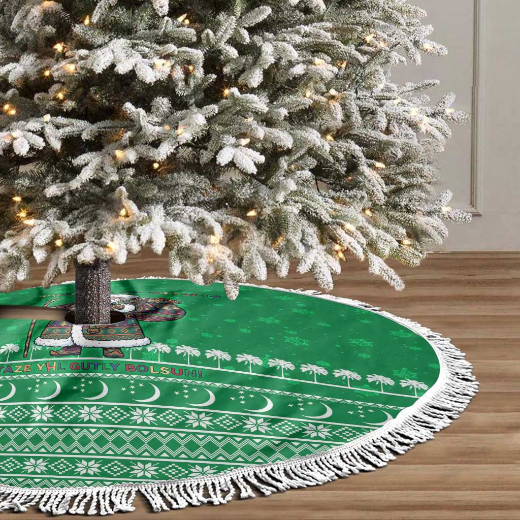 Turkmenistan Christmas Tree Skirt with Traditional Santa Snowflake Crescent Moon and National Emblem - Wonder Print Shop