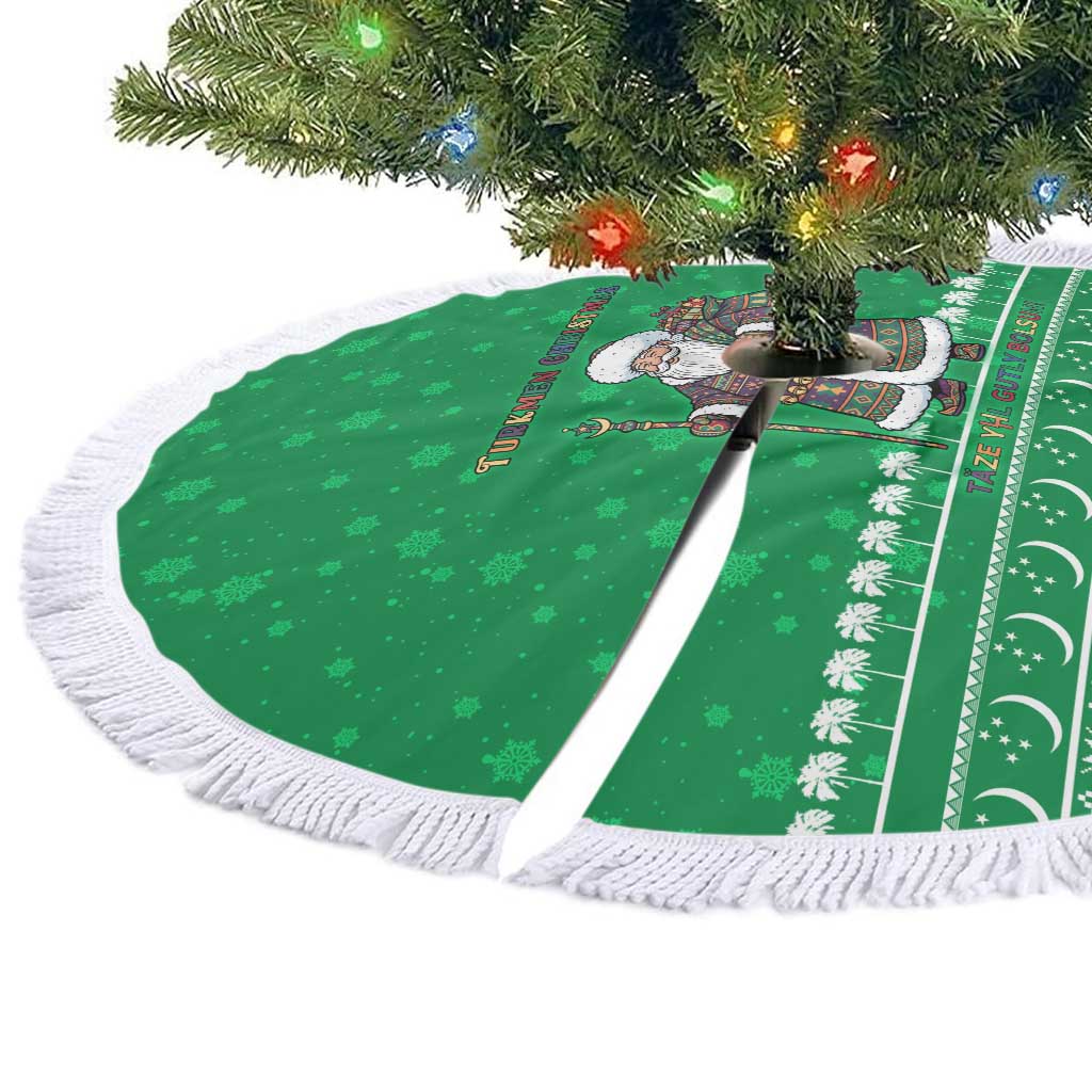 Turkmenistan Christmas Tree Skirt with Traditional Santa Snowflake Crescent Moon and National Emblem - Wonder Print Shop