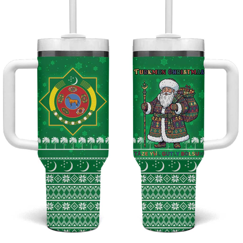 Turkmenistan Christmas Tumbler With Handle with Traditional Santa Snowflake Crescent Moon and National Emblem - Wonder Print Shop