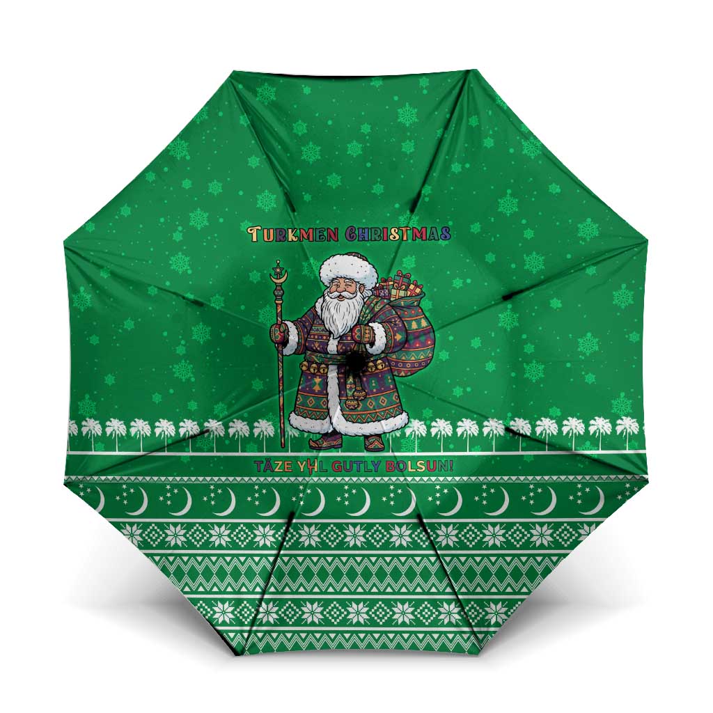 Turkmenistan Christmas Umbrella with Traditional Santa Snowflake Crescent Moon and National Emblem - Wonder Print Shop