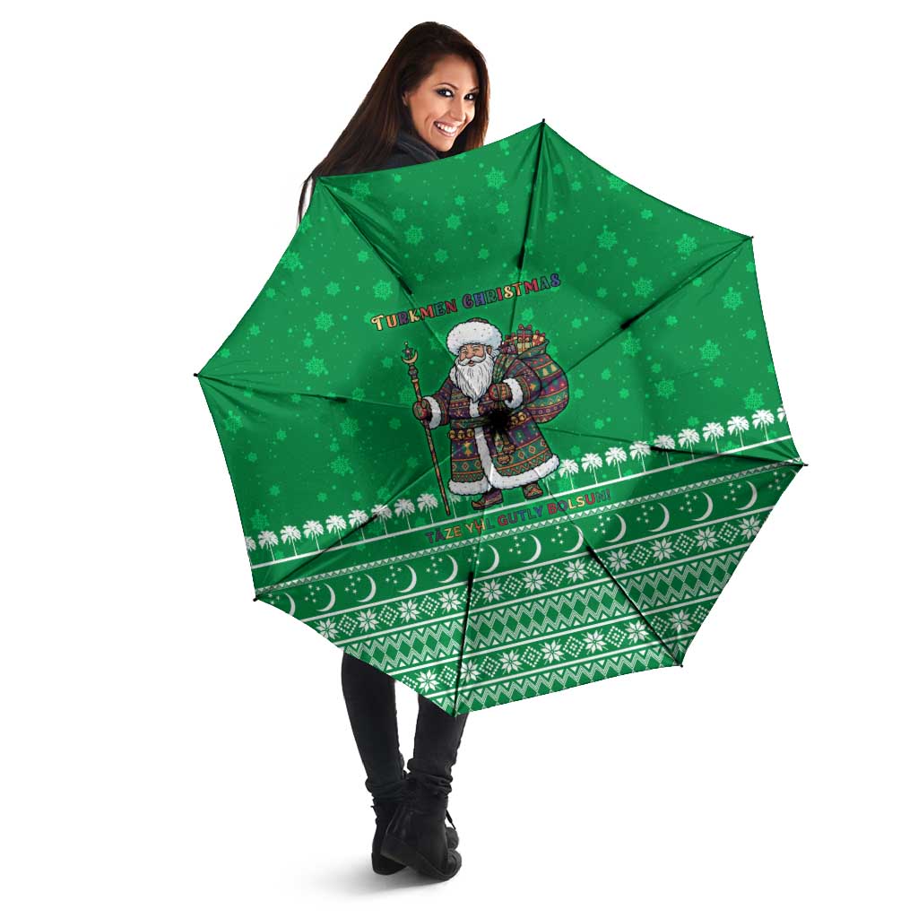 Turkmenistan Christmas Umbrella with Traditional Santa Snowflake Crescent Moon and National Emblem - Wonder Print Shop