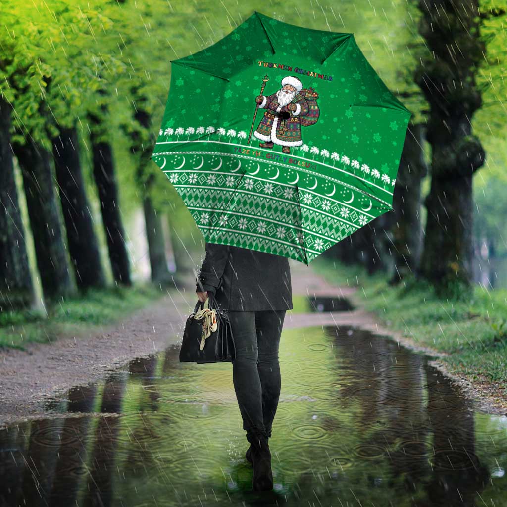 Turkmenistan Christmas Umbrella with Traditional Santa Snowflake Crescent Moon and National Emblem - Wonder Print Shop