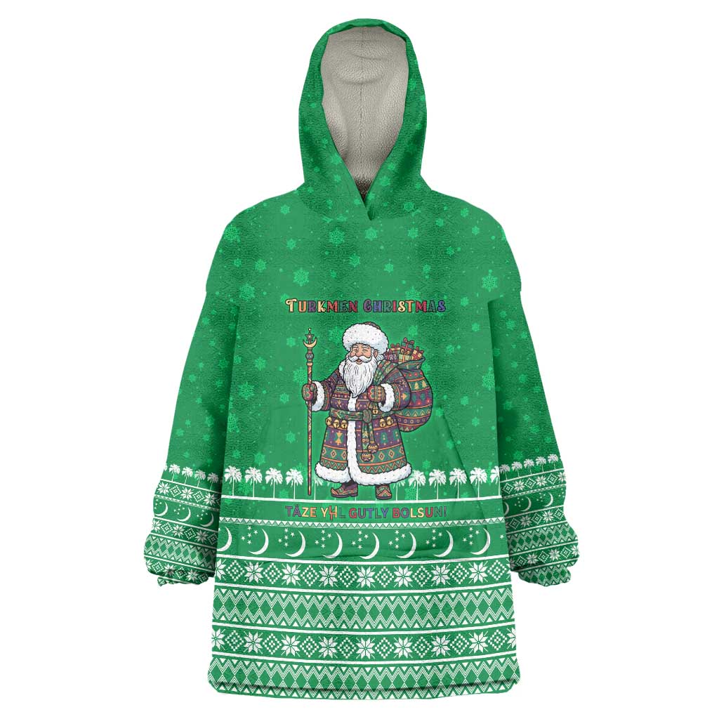 Turkmenistan Christmas Wearable Blanket Hoodie with Traditional Santa Snowflake Crescent Moon and National Emblem - Wonder Print Shop