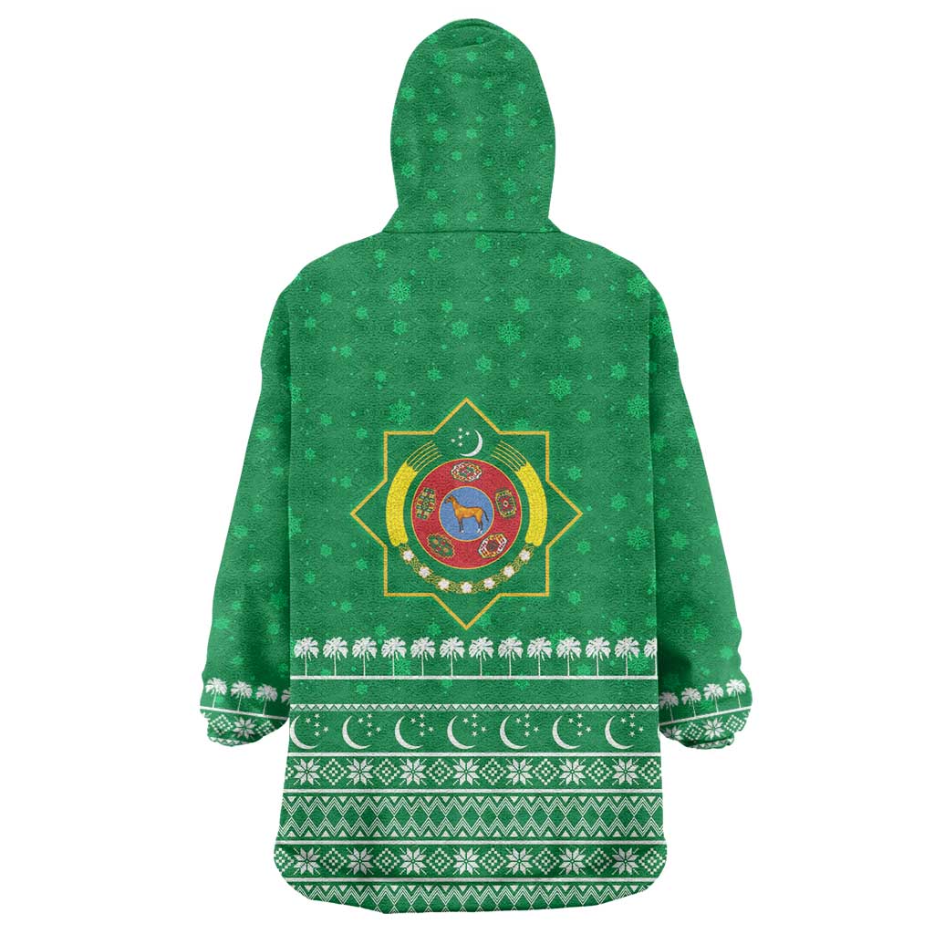 Turkmenistan Christmas Wearable Blanket Hoodie with Traditional Santa Snowflake Crescent Moon and National Emblem - Wonder Print Shop