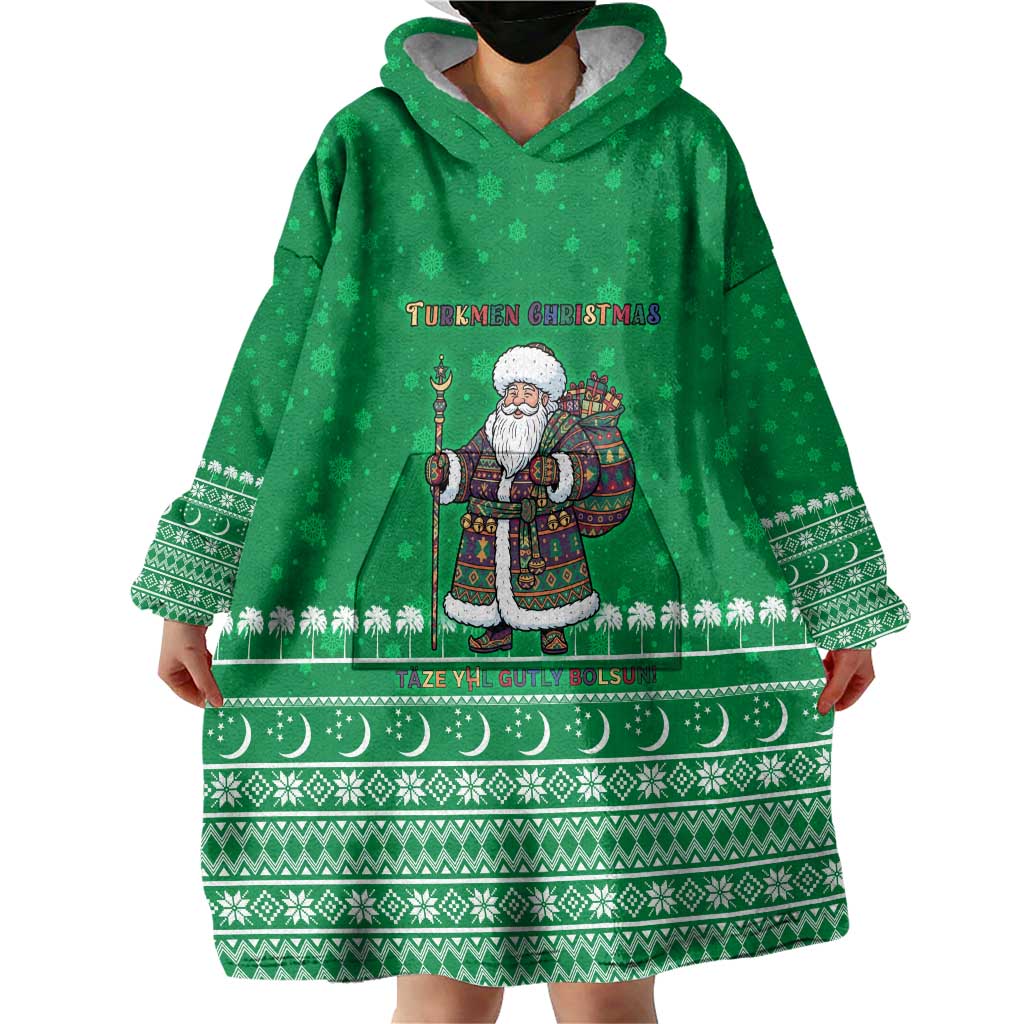 Turkmenistan Christmas Wearable Blanket Hoodie with Traditional Santa Snowflake Crescent Moon and National Emblem - Wonder Print Shop