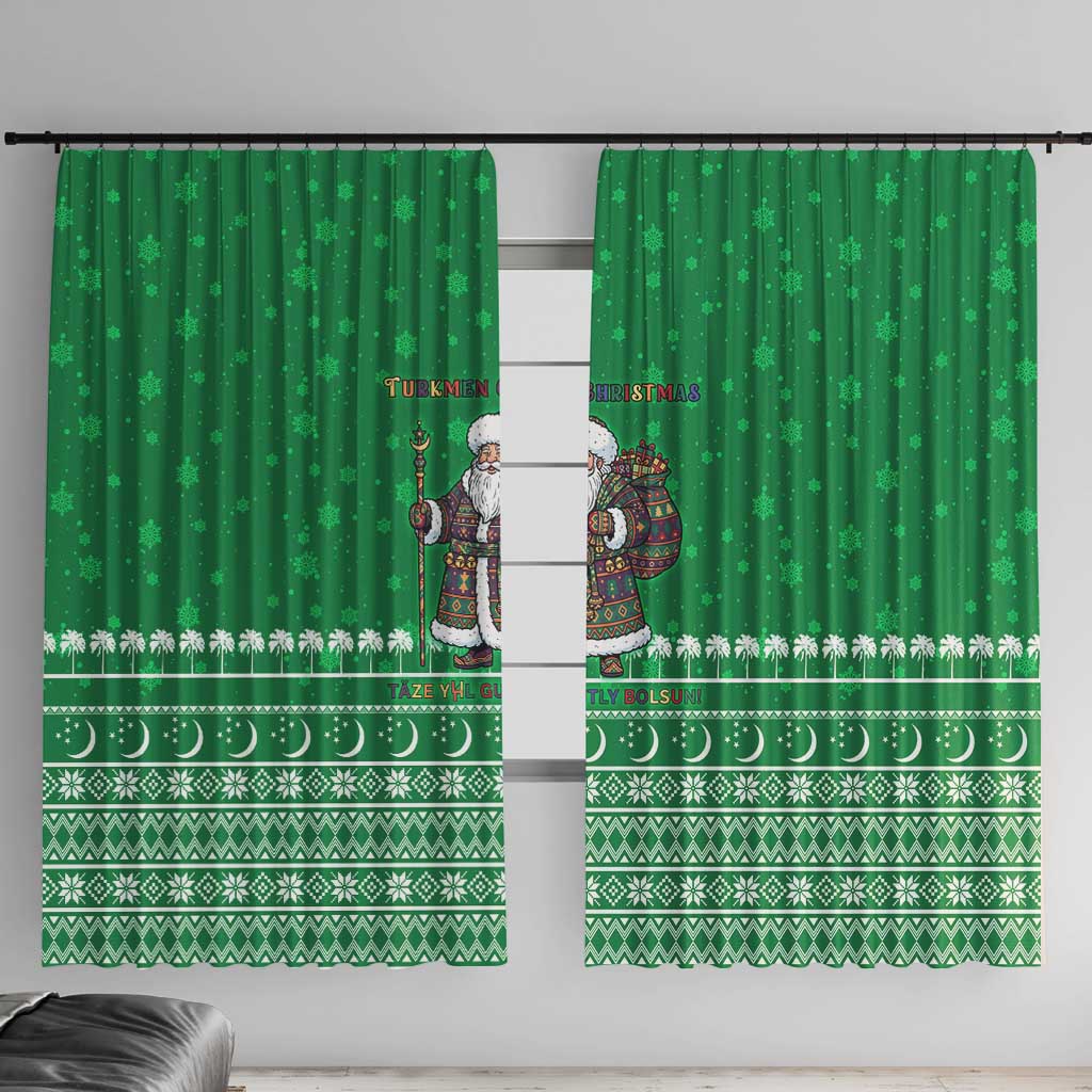 Turkmenistan Christmas Window Curtain with Traditional Santa Snowflake Crescent Moon and National Emblem - Wonder Print Shop