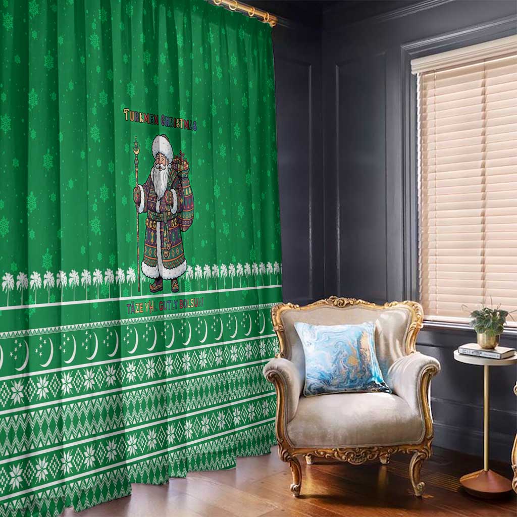 Turkmenistan Christmas Window Curtain with Traditional Santa Snowflake Crescent Moon and National Emblem - Wonder Print Shop