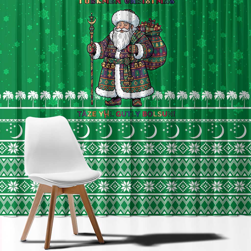 Turkmenistan Christmas Window Curtain with Traditional Santa Snowflake Crescent Moon and National Emblem - Wonder Print Shop