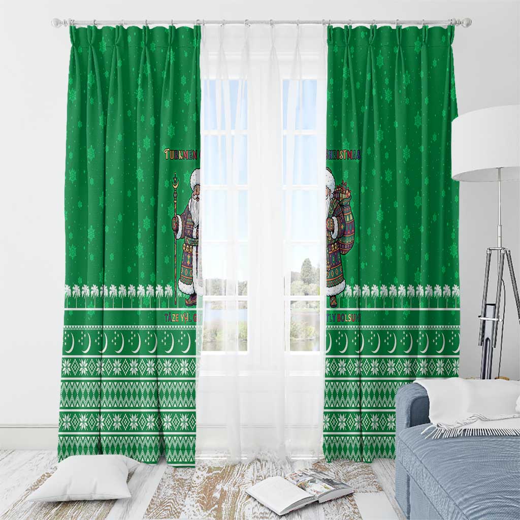 Turkmenistan Christmas Window Curtain with Traditional Santa Snowflake Crescent Moon and National Emblem - Wonder Print Shop
