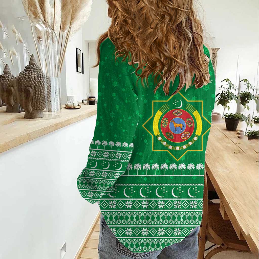Turkmenistan Christmas Women Casual Shirt with Traditional Santa Snowflake Crescent Moon and National Emblem - Wonder Print Shop