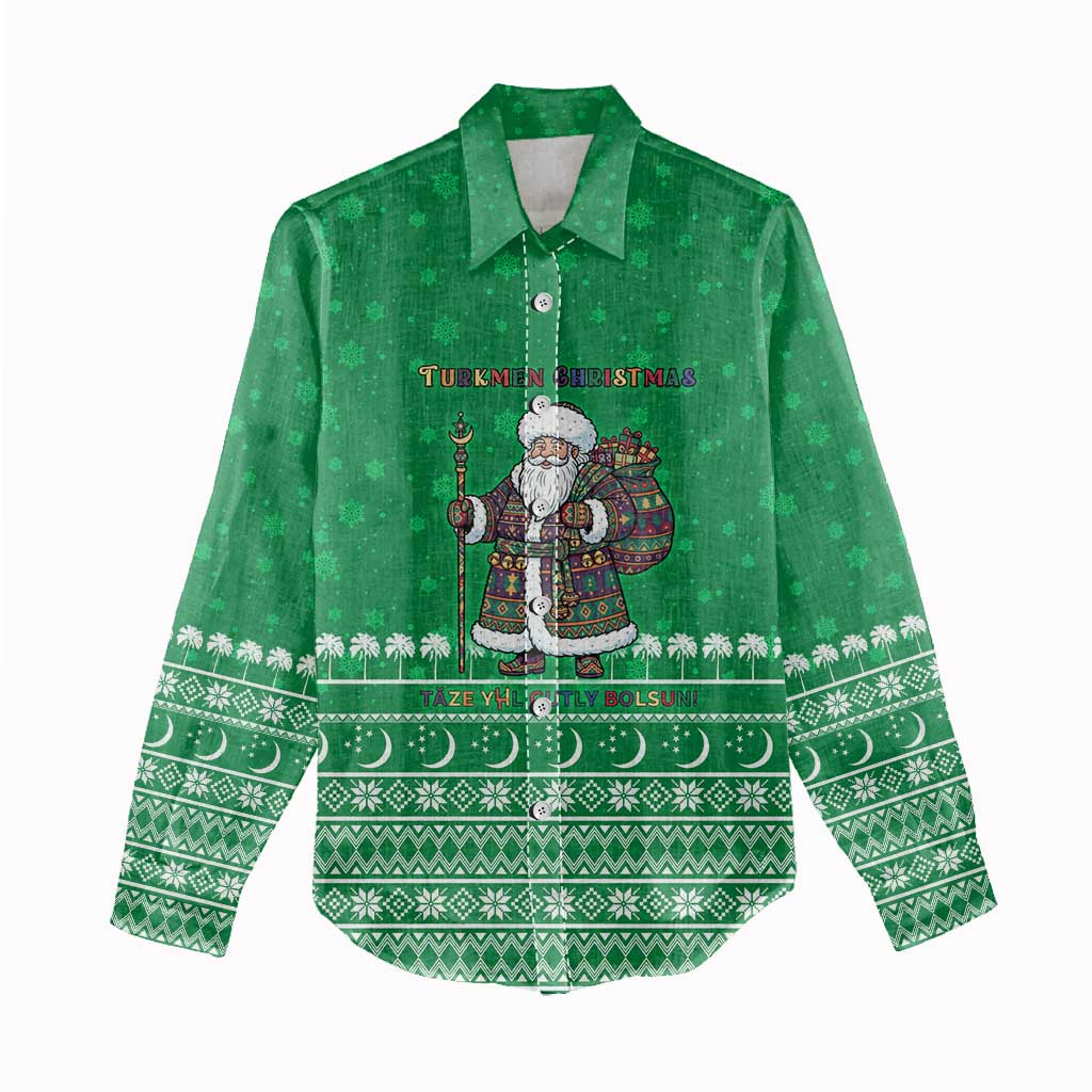 Turkmenistan Christmas Women Casual Shirt with Traditional Santa Snowflake Crescent Moon and National Emblem - Wonder Print Shop
