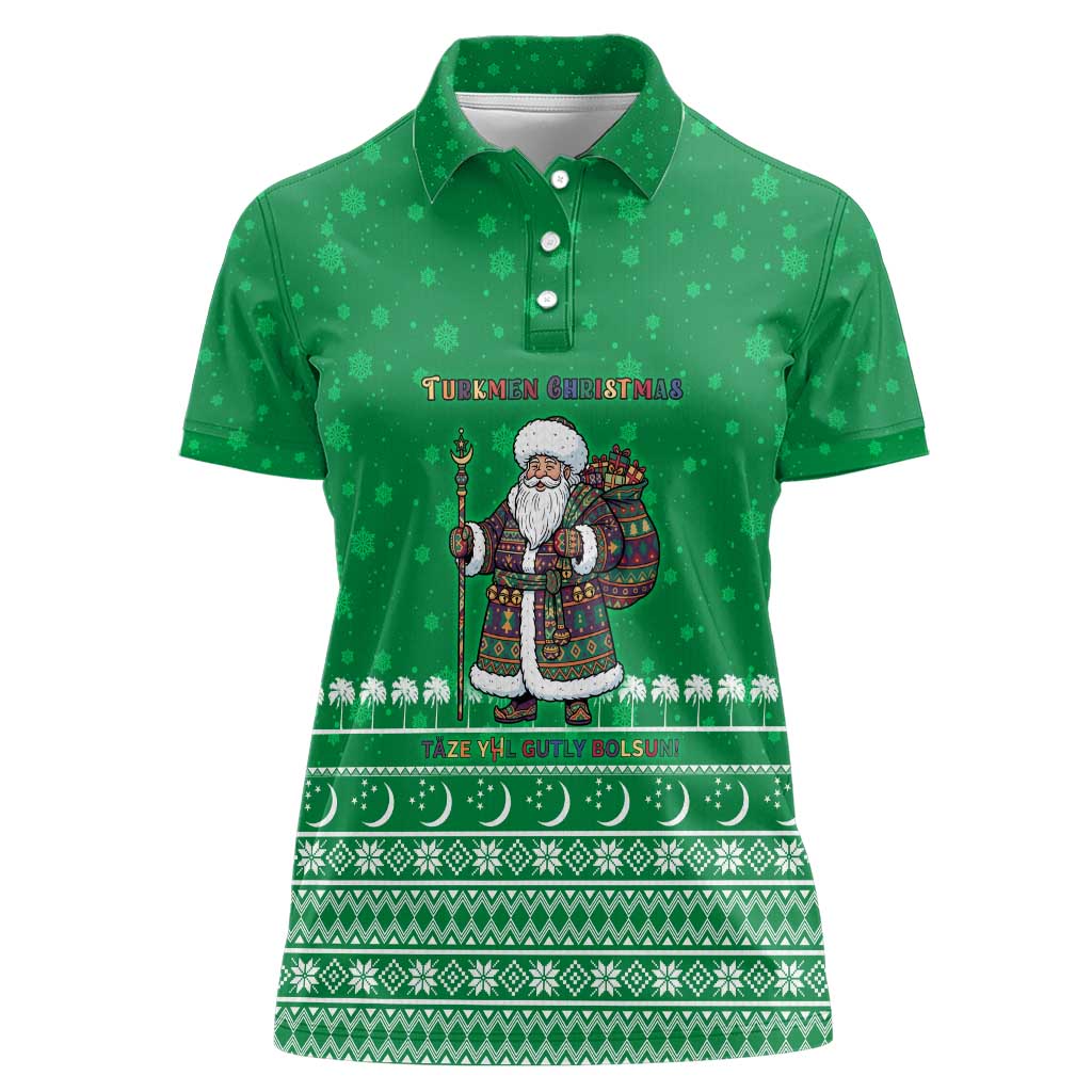 Turkmenistan Christmas Women Polo Shirt with Traditional Santa Snowflake Crescent Moon and National Emblem - Wonder Print Shop