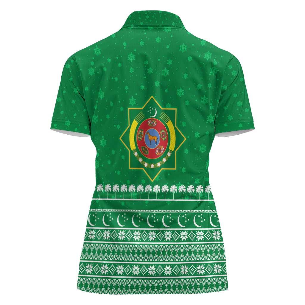 Turkmenistan Christmas Women Polo Shirt with Traditional Santa Snowflake Crescent Moon and National Emblem - Wonder Print Shop