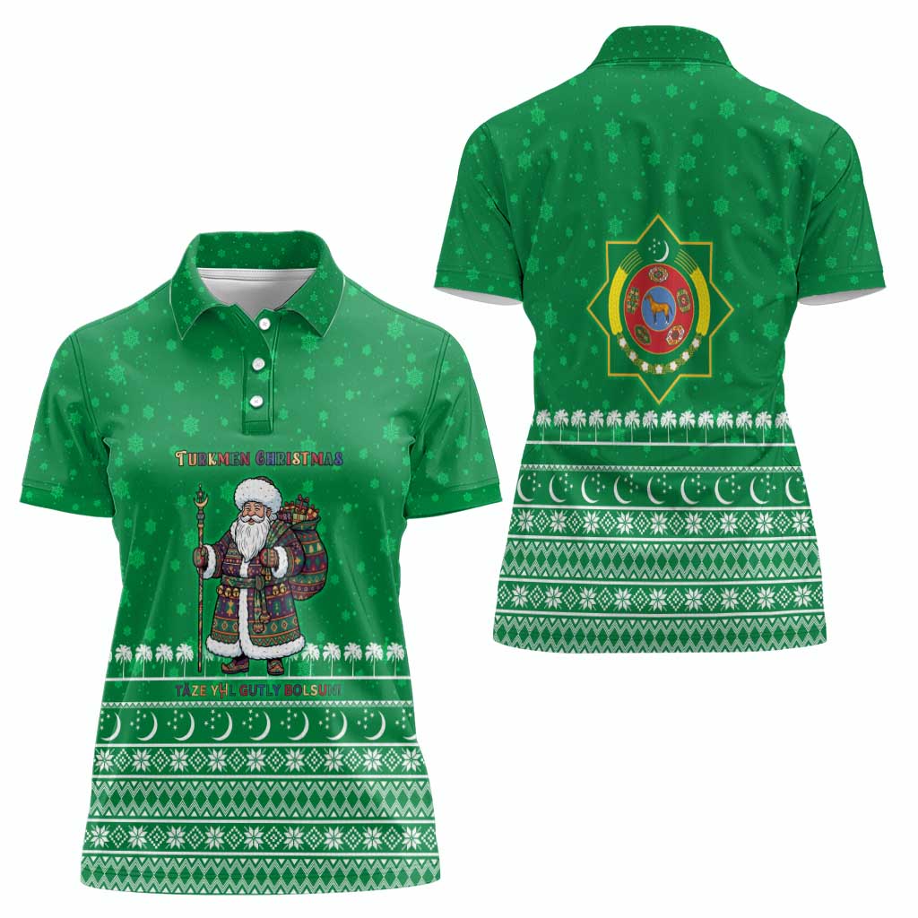 Turkmenistan Christmas Women Polo Shirt with Traditional Santa Snowflake Crescent Moon and National Emblem - Wonder Print Shop
