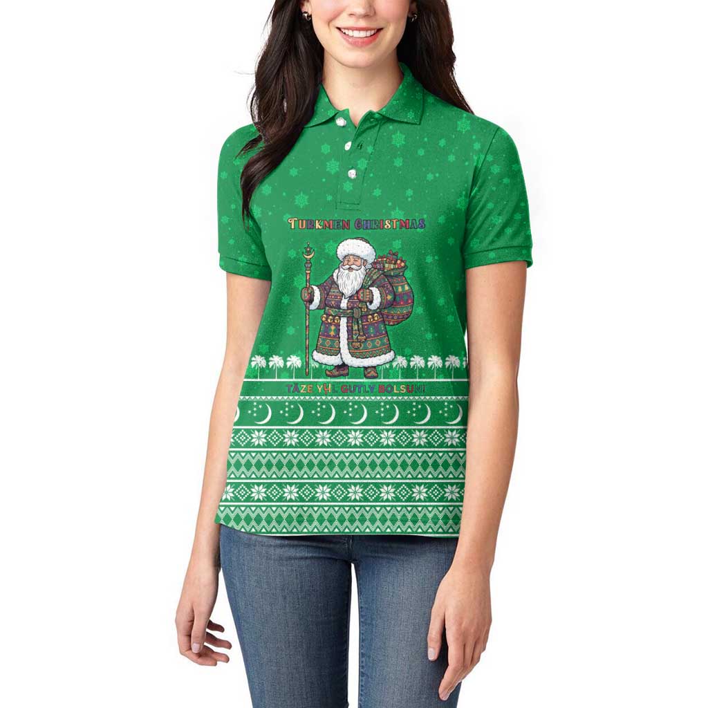 Turkmenistan Christmas Women Polo Shirt with Traditional Santa Snowflake Crescent Moon and National Emblem - Wonder Print Shop