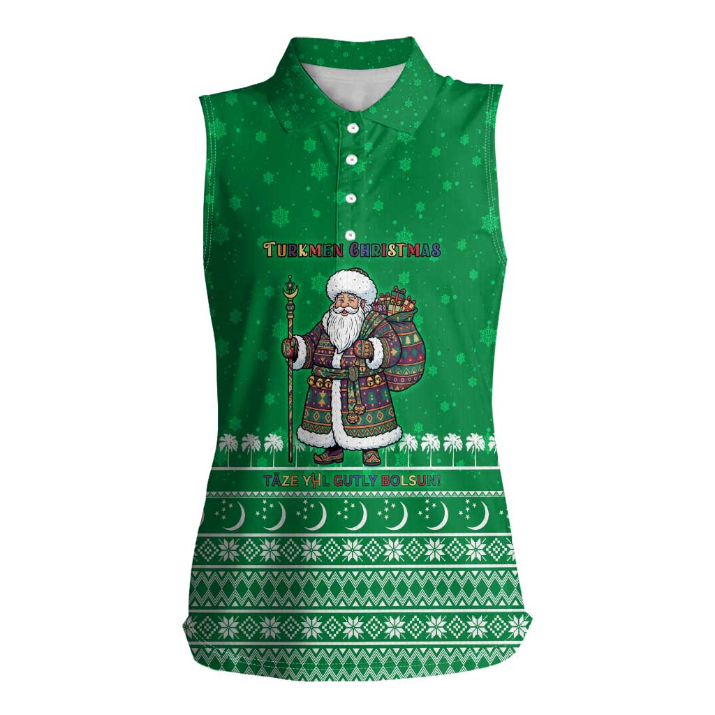 Turkmenistan Christmas Women Sleeveless Polo Shirt with Traditional Santa Snowflake Crescent Moon and National Emblem - Wonder Print Shop