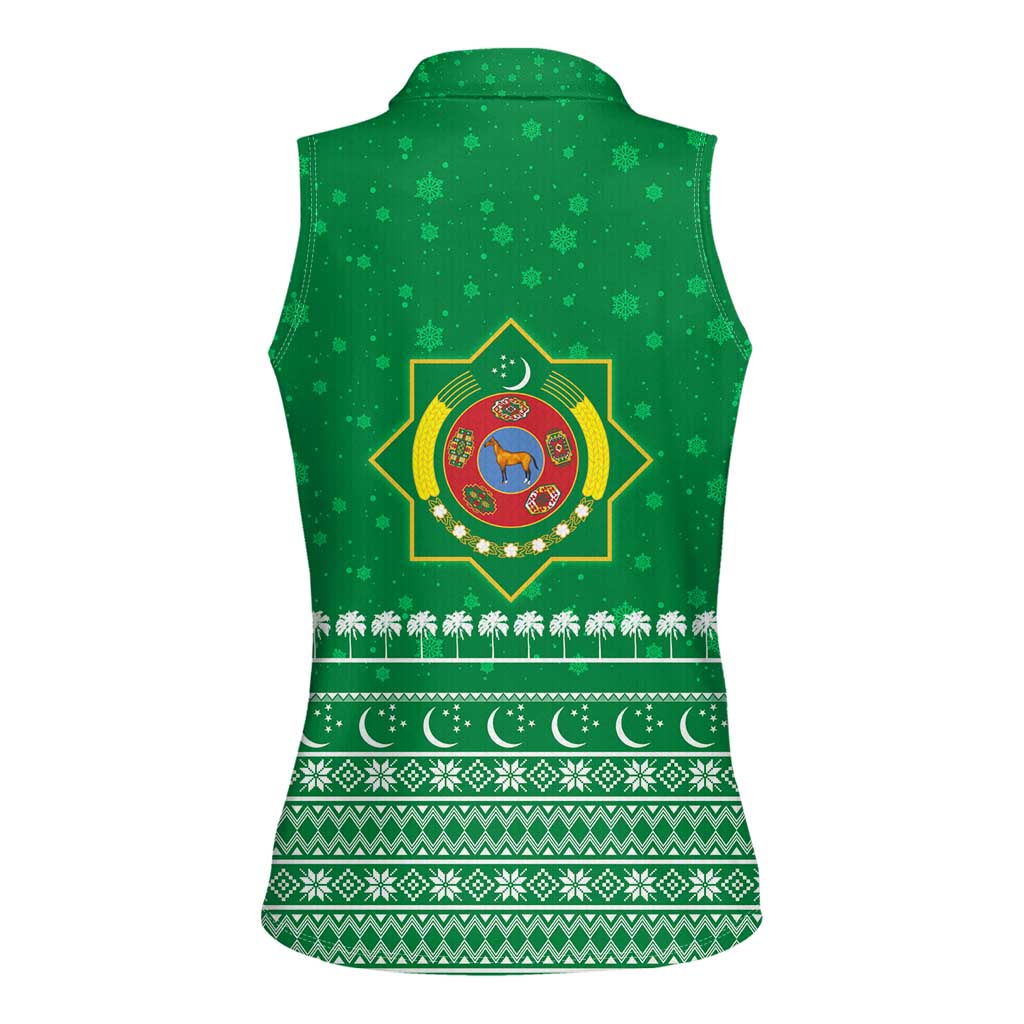 Turkmenistan Christmas Women Sleeveless Polo Shirt with Traditional Santa Snowflake Crescent Moon and National Emblem - Wonder Print Shop