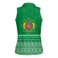 Turkmenistan Christmas Women Sleeveless Polo Shirt with Traditional Santa Snowflake Crescent Moon and National Emblem - Wonder Print Shop